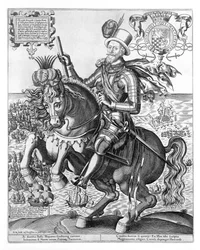 Retrato equestre de Charles Howard (1536-1624), 2.º Barão Howard de Effingham, 1.º Conde de Nottingham, gravado por Thomas Cockson (activo 1591-1636), c. 1597-1603